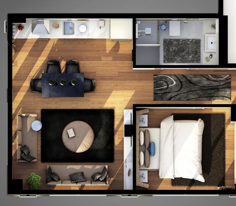 Wohnungsgrundriss von einer 2-Zimmer-Wohnung in 3D
