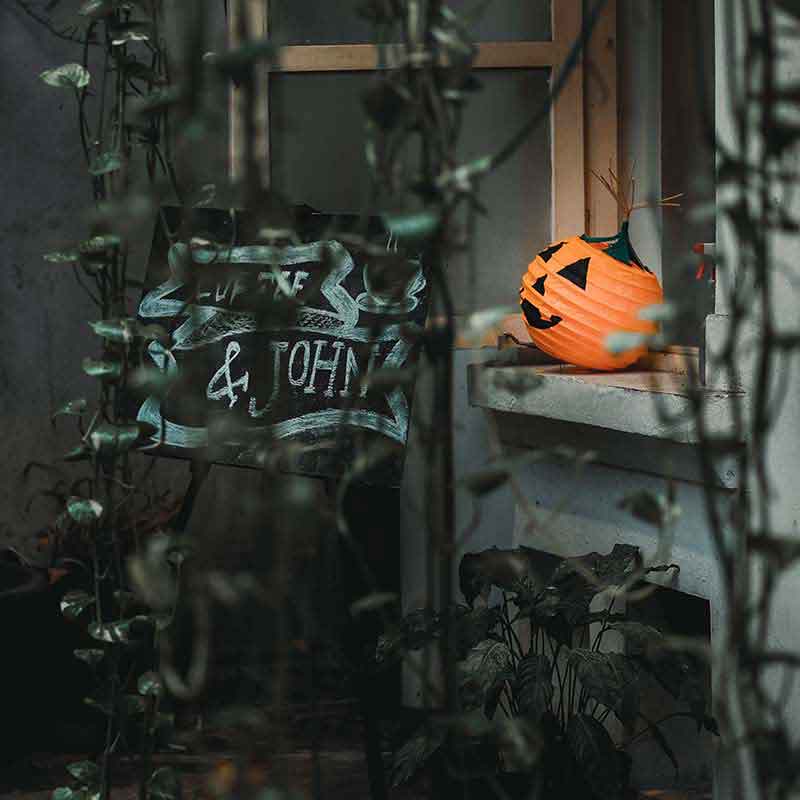 Halloween-Gartendekoration mit Kürbislampignon