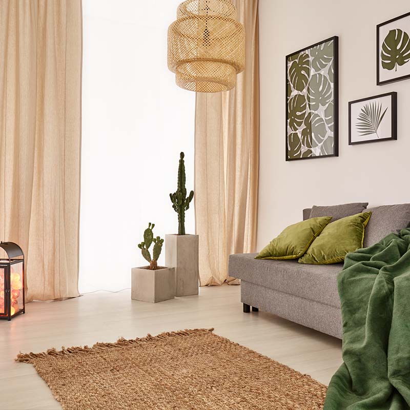 Vor einem grauen Sofa mit grünen Kissen liegt ein Kokosteppich auf einem hellen Laminatboden.